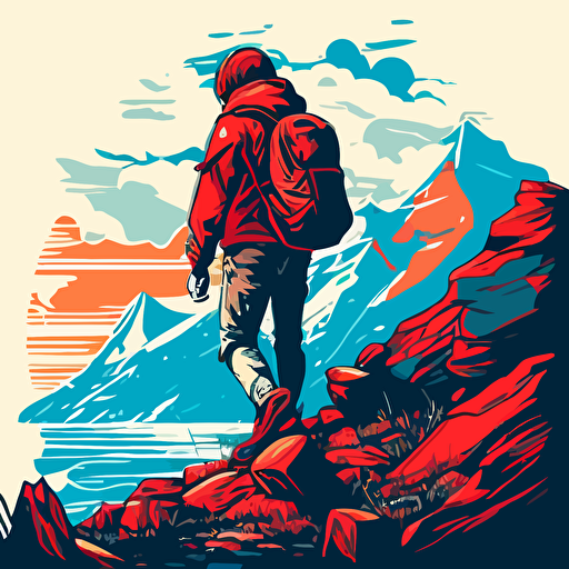 light blue red flat vector illustration with transparent background:: young boy climbs mountain peak:: sunny day