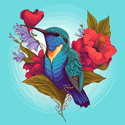 a blue humming bird in a garden sipping from a heart shaped flower illustration style full color vector image