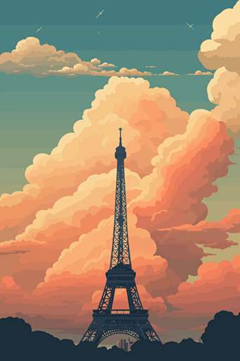 vector art, eiffel tower, clouds
