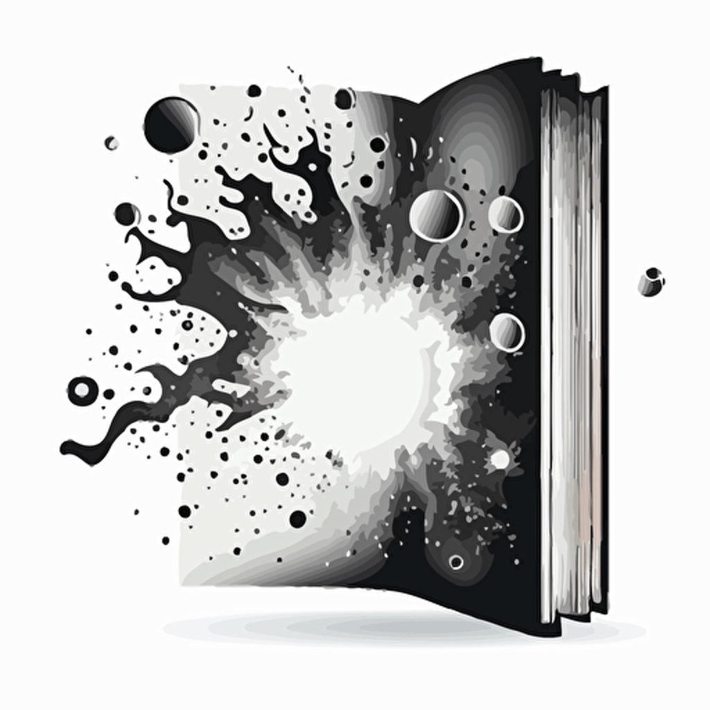 black and white vector illustration of a hard-cover book front view, open and a universe is rapidly pouring out of it. transparent background. DO Camera: High-resolution DSLR camera DO Scenes: "Cosmic Explosion" scene DO Film Types: "Galactic Burst" film type DO Lens Sizes: Wide-angle lens Lens Filters: "Starburst" filter DO Camera Settings: Aperture: f/8 Exposure: 2 seconds Color: Vibrant and saturated White Balance: Cool tones to enhance the cosmic feel DO Focus and Depth of Field: Focus: Sharp focus on the exploding universe Depth of Field: Shallow depth of field, with the book slightly blurred in the background to create a sense of depth and dimension Zoom, Pan, and Tilt: Zoom in on the exploding universe to capture the details of the cosmic explosion Megapixel Resolutions: High resolution, 20 megapixels or higher, to capture the intricate details of the exploding universe Artists' Names for inspiration: Salvador Dali, Vincent van Gogh