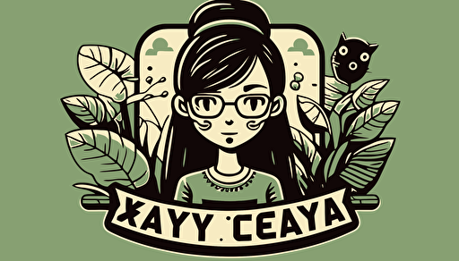 retro illustration style logo as a cartoon, it is for an instagram profile that will deal with cozy games in sage green tones, with a video game theme, that is a gamer girl with black hair and glasses who likes plants and plays video games in pc gamer you can add a keyboard and mouse and the girl's name is yeyekat logo vector, in the style of alex gross, emphasizes emotion over realism, jim mahfood, fish-eye lens, vaporwave, pierre-mony chan, dreamy realism