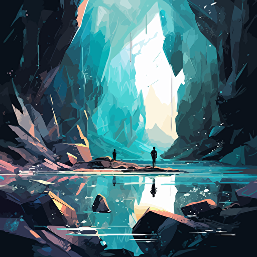 bold vector illustration fantasy art / turqoise and black in color with white accents / a glowing lake inside a cave with a distant light source, there are reflective organic beautiful faceted crystals of all sizes that are the shore of the lake