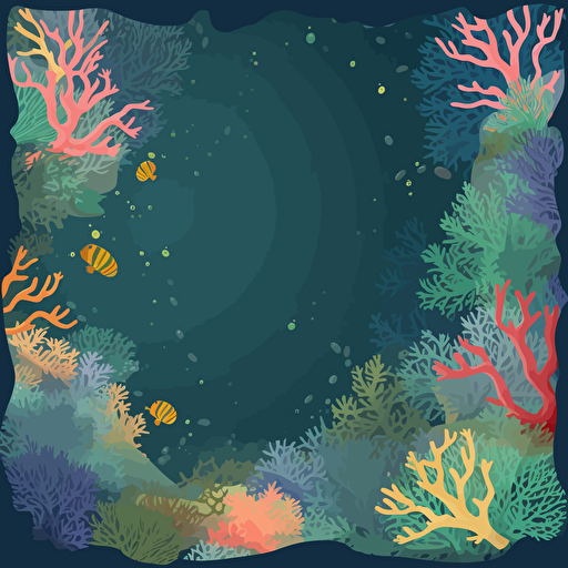 background scene, clip-art, vector, colorful coral and seaweed, ocean floor top-view