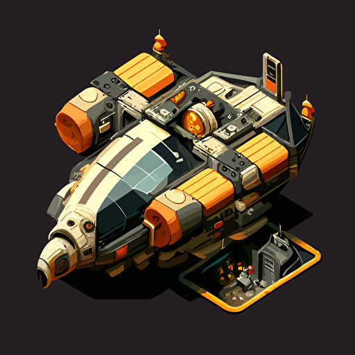 mining space ship, vector, top down, isometric, orange and grey, black background
