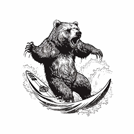 grizzly bear, fun surfs up, hang ten symbol, black and white vector, white background
