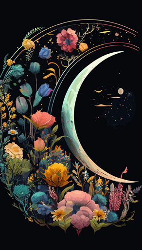 colorful flowers moon arch phases and astrology symbols vector art, in the style of geometric symmetry, futuristic victorian, astronomical elements, weathercore, scientific diagrams, ambiguous space,