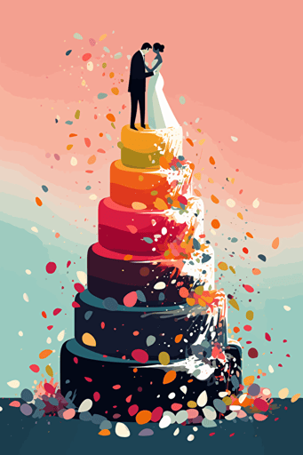 vector illustration of a wedding cake with the bride and groom toppers falling off the top, bright colors, illustrated