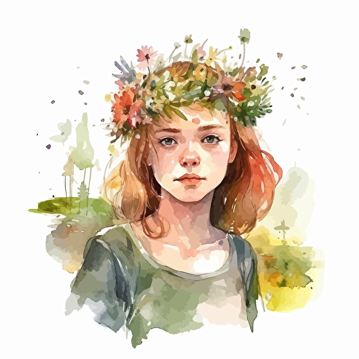 young girl wearing a beautiful crown made of spring flowers in a meadow, detailed, cartoon style, 2d watercolor clipart vector, creative and imaginative, hd, white background