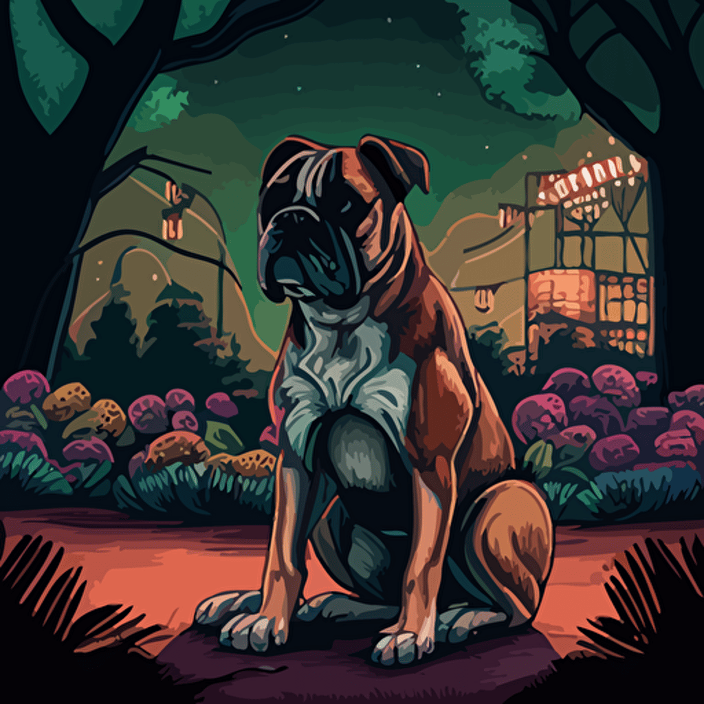 illustrate a detailed avatar of a boxer dog sitting in a chair facing the foregorund, surrounded by magical glowing plants, shrubs, trees, dead roses, with a view of a abandoned city, broken carnival rides in the background, broken billboard. Set from vacant woods in the foreground. Incorporate a gloomy and dreadful vibe to evoke a sense of eerieness and wonder. Use a digital painting style reminiscent of Thomas Kinkade and James Gurneya illustration, drawing, flat illustration, vector style