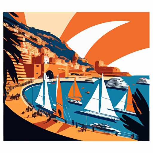 vector image of Monaco harbour, lined with yachts, using only orange and blue colours, simple cartoon style shading, very simple, blue skies, hill, grand prix