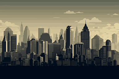 Flat vector-style :: A city skyline :: The skyline is formed by interconnected gears and cogs :: The shot is a close-up, looking up at the skyline as if it were towering over you ::