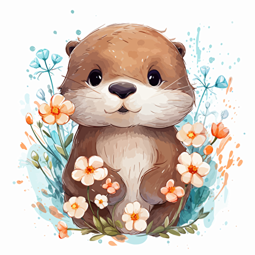 cute otter, flowers, detailed, cartoon style, 2d watercolor clipart vector, creative and imaginative, hd, white background