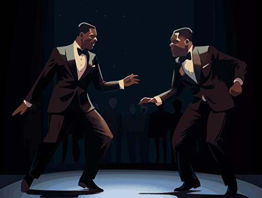 vector illustration of a black men are wearing tuxedos running around on stage, and slapping a brown skin man on stage, in firmin baes, carrie mae weems, emotive body language, harsh angles, made of all of the above, strong facial expression