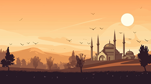 beautiful anatolian landscape with modern mosque and cottages, minimal vector design