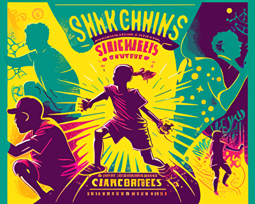 this summer sports camp vector illustration features silhouettes of children playing sports, in the style of light blue and magenta, kehinde wiley, dark yellow and light green, superimposed text, tim holtz, dark orange and white, sparklecore