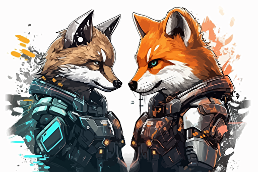 Create an image of a massive battle between two different states shiba inu cyber punk and fox dark shiba inu outfit battle, galaxy explose, anime background, vector, greekpunk, marvel style, white background