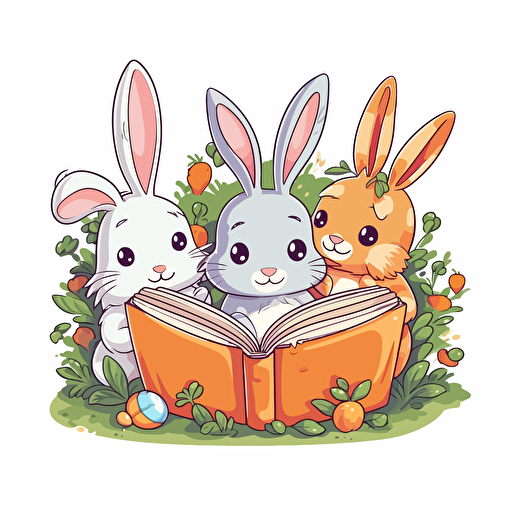 Easter Bunny Rabbits Vector Cute Cartoon Children Book Style Sticker border no background