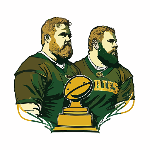two brothers, Brozen Tundra, Lambeau Field, Green Bay Packers, looking tough,trophy, wearing green and yellow, wearing an oblong brown football, sports logo style, white background, vector