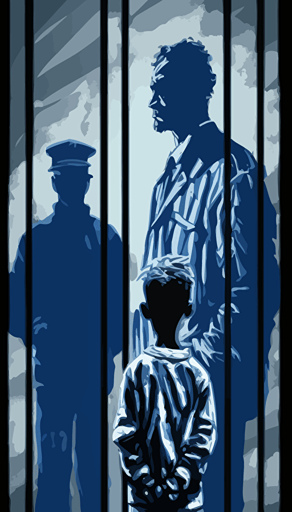Incarcerated man beside a correctional officer and teacher and child, serene expressions, abstract background, vector art, blue and white and dark gray, by Jean Giraud,