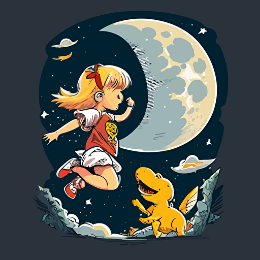 A comic little girl with blonde hair flying over the moon and mars with a smiling yellow dinosaur holding each elbow, ar 2:3, vector
