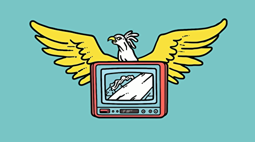 flying TV, Sticker, Cute, Tertiary Color, Pop Art, Contour, Vector, White Background, Detailed::