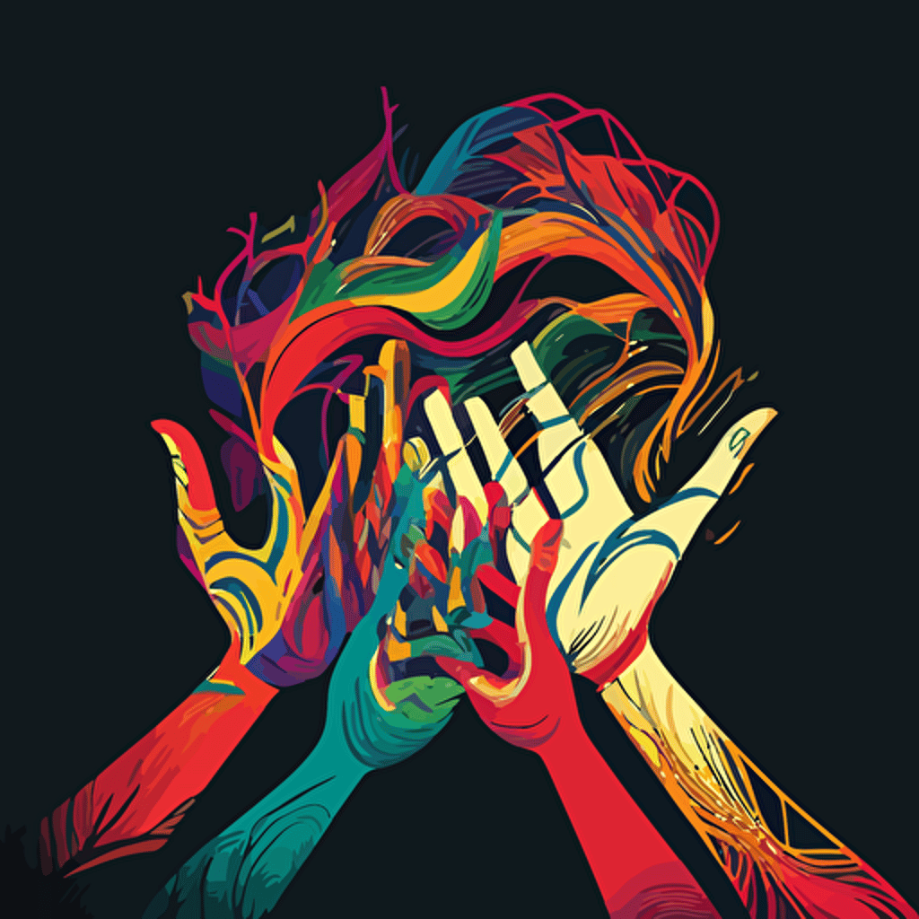 abstract vector illustration, group of hands intertwind, connection