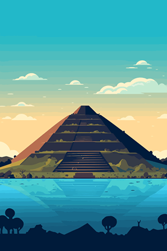 front view of teotihuacan, blue sky, vector design, minimalist, flat