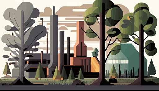 industrial buildings and trees landscape, flat vector art style, illustration, very detailed, by Keith Negley,