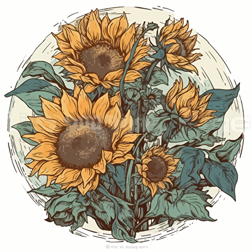 Vincent van Gogh, sunflowers in 2d vector art ukiyo-e style as a logo, white background