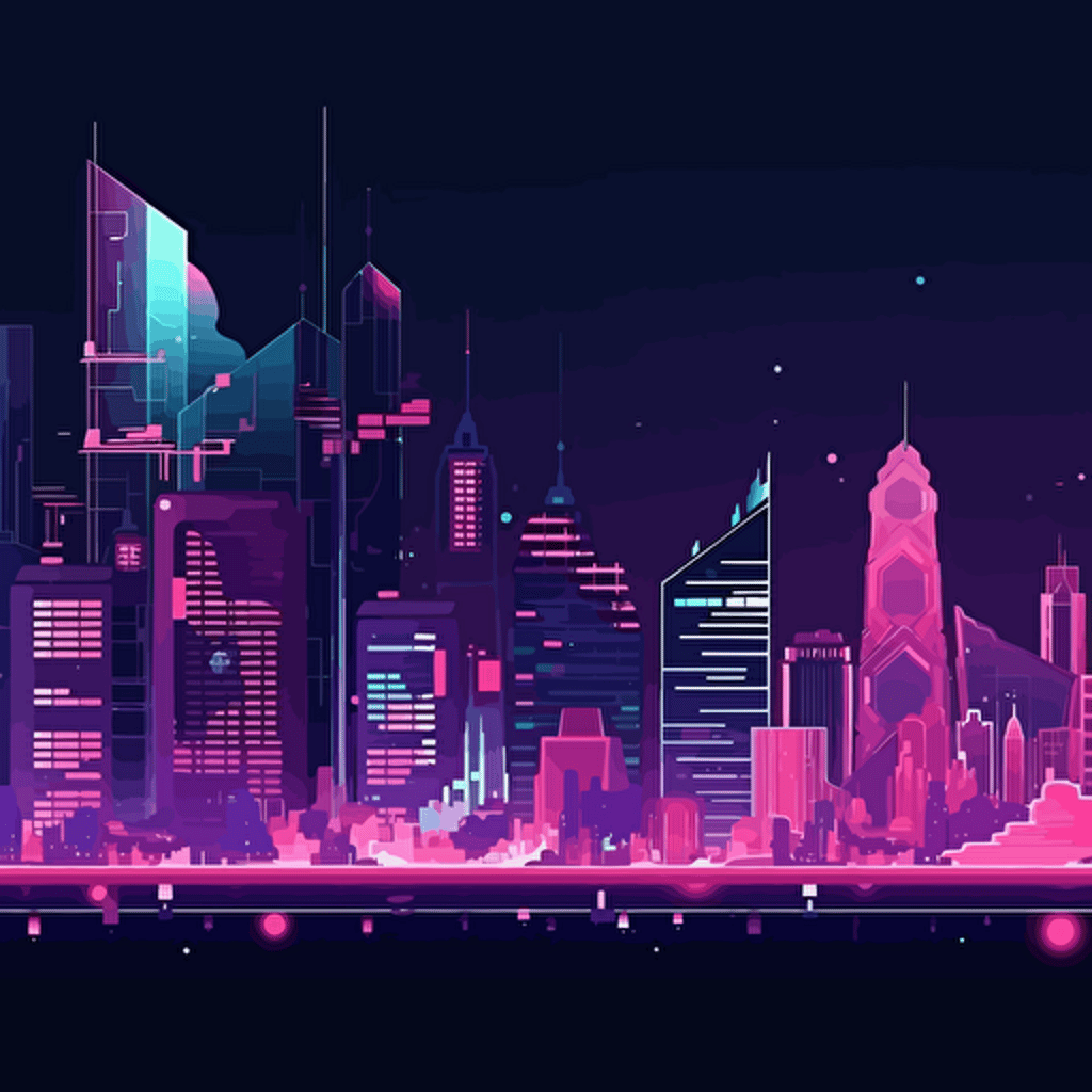 vector illustration style, cyber city add details, lighting skyline