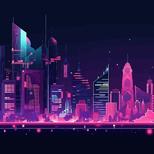 vector illustration style, cyber city add details, lighting skyline