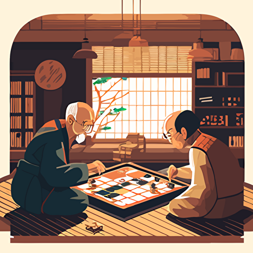 Based on the popular Japanese game of Go, design a vector illustration of Satoshi Nakamoto engaging in a strategic game of Go with a wise elder in a traditional Japanese room. Set the scene during a quiet and focused afternoon.