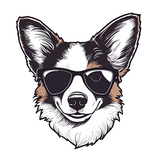 a black and white logo of a corgi wearing sunglasses. high resolution vector image