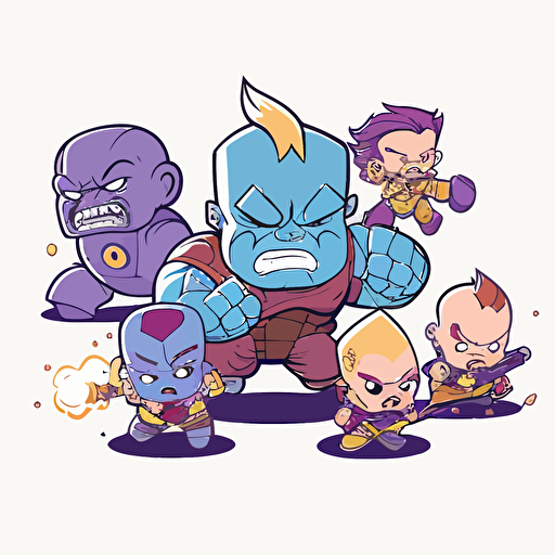 group of Marvel comic book heroes fighting thanos as babies cartoon , vector style art