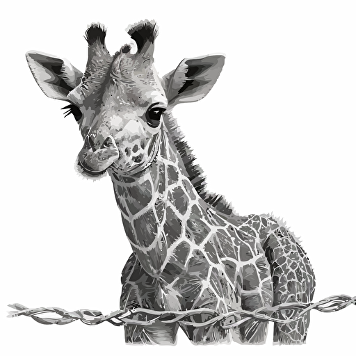 A vectorized image of a baby giraffe streamers in black and white to pint