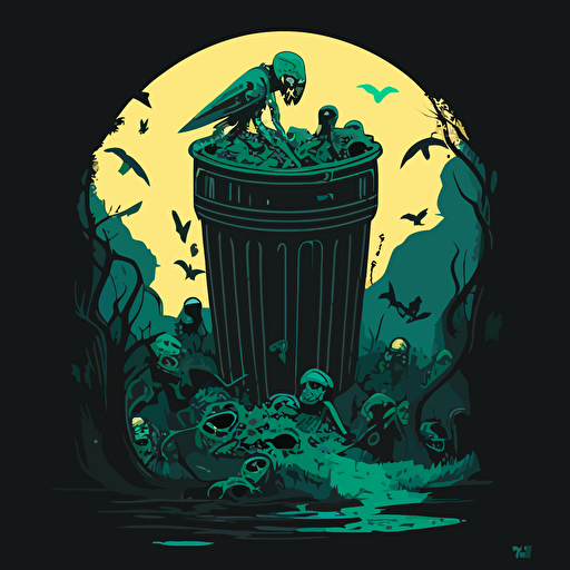 vector illustration of a gothic scene of a trash can filled with human bones and scavenger aliens scouring the land