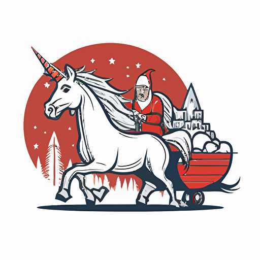unicorn pulling santas sled, bad part of town, vector logo, vector art, emblem, simple cartoon, 2d, no text, white background