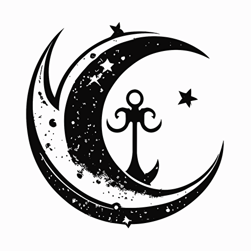 vector logo of an anchor that loosely resembles a crescent moon and star in a simple, solid black and white stye. The anchor should be slightly tilted and the star should be connected to the crescent moon
