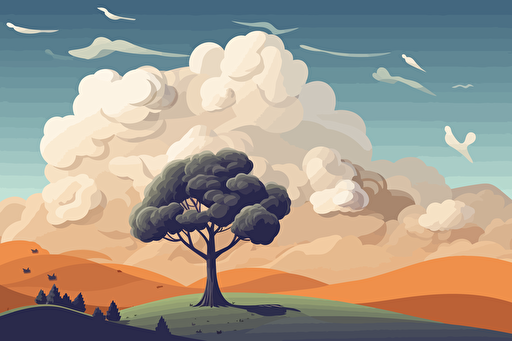 vector illustration of a large single tree in front of mountains and giant cumulus clouds