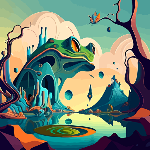 Inspired by Salvador Dalí's Surrealism, create a vector illustration of a whimsical landscape where frogs and humans interact in unusual, dreamlike scenarios. Use distorted perspectives and a vivid color palette. Set the scene in an imaginative world.