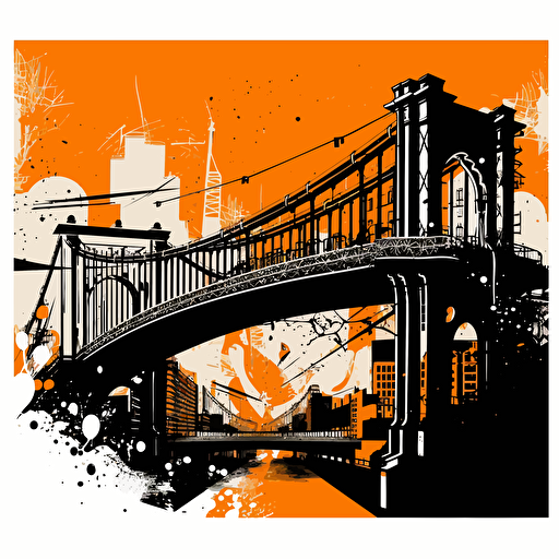 a vector image of a bridge, a prison and a city, black and orange and dark gray, graffiti style