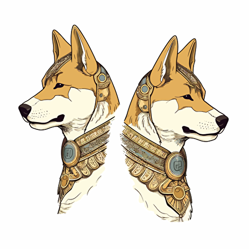 2/3 left side profile shot head and shoulder, cartoon 2d, Shiba Inu wearing pharaoh, cartoon anime, Vector illustration, white background