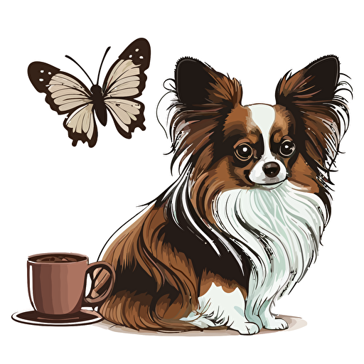 a sable and white papillon dog and a cup of coffee, vector art logo, cartoonistic style, clean white background