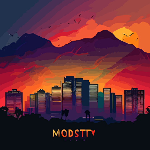 Monterrey, Mexico, vector style, vivid gradient colors, breathtaking sunset, skyscrapers