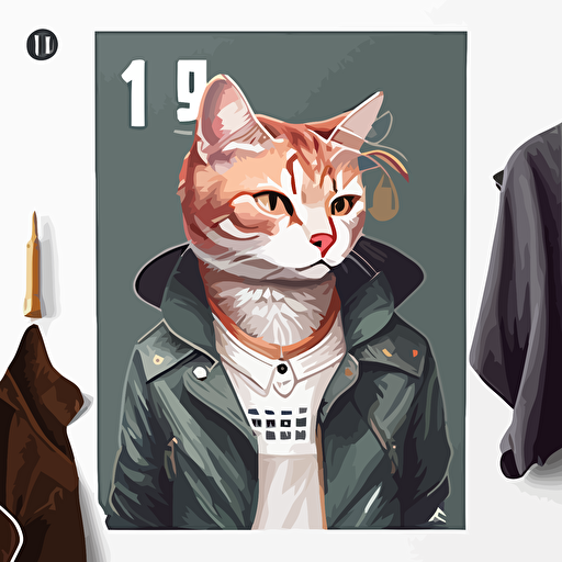 na ilustración de personaje de dibujos animados de gato lindo de pelo corto europeo de cabeza grande, con el numero 13 en la cabeza o en un collar, en estilo de arte BAYC NFT, imagen de exhibición de arte NFT, estilo ciberpunk, ropa de hip hop, ilustración de vector plano simple, mascota de juego