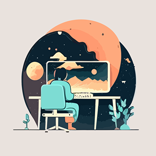 a person sitting at a desk typing on a computer on the moon in a minimalistic vector illustration with pastel colors