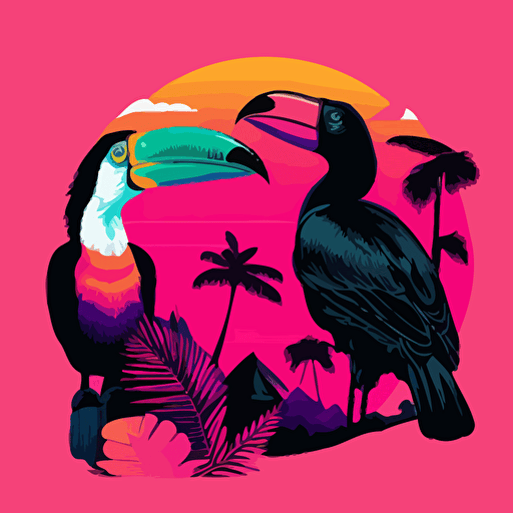 frontpage vector illustration of a toucan talking to flamingo, colorful, vaporwave colors, no background color