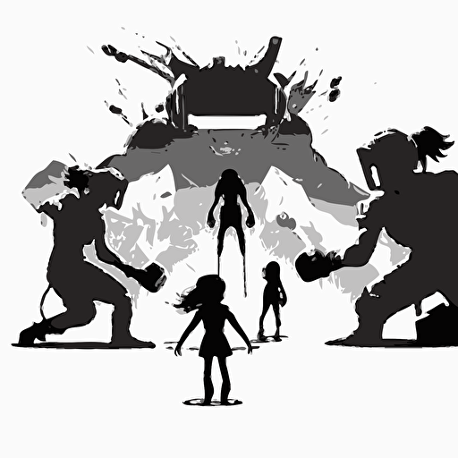 a silhouette of a family wearing VR headsets facing off in a battle arena, flat, vectorized, white background