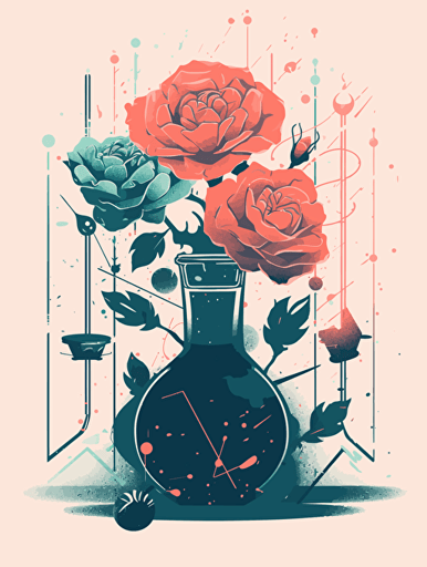 Science, technology and roses，modern minimalist illustration，A clean background, Gradient color, Vector，White background