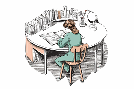 a vector illustration of a person writing or drawing at a round desk. White background
